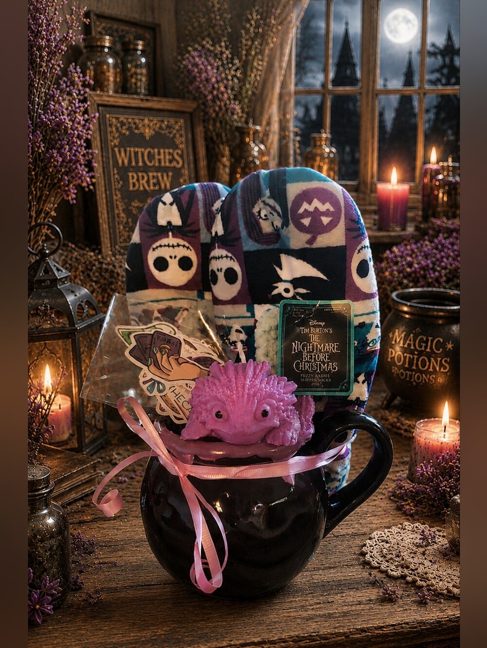 Pier import mug, dragon candle, nightmare elm slippers and 14 witchy stickers